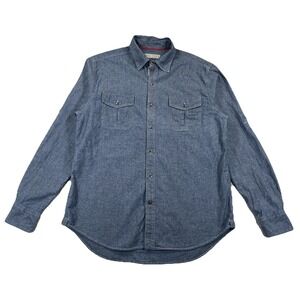 The Field Men's Large Button Up Shirt Blue Roll Up Sleeves Pockets Cotton